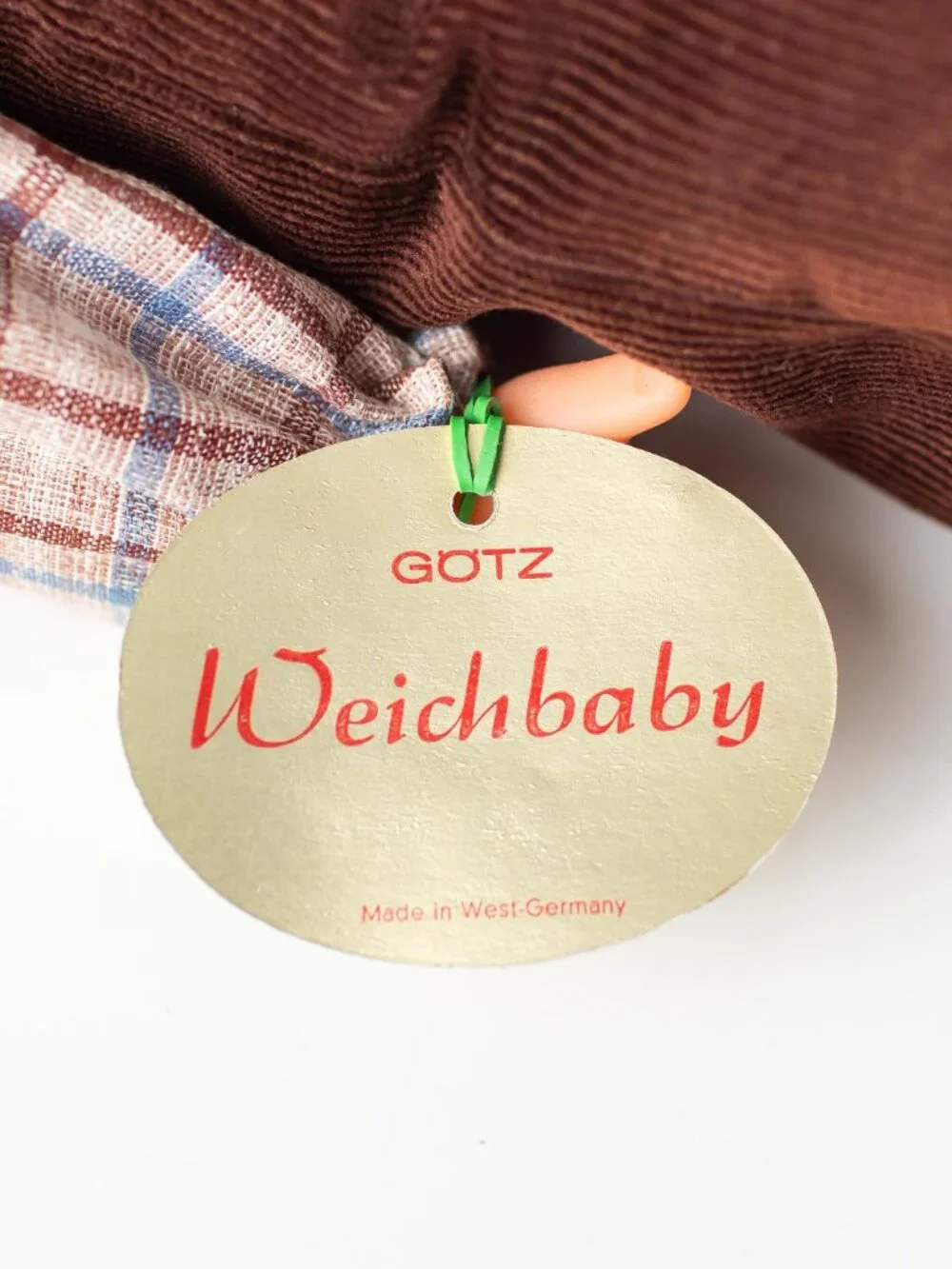Vintage Götz Weichbaby Doll West Germany Boy Brown Overalls in Box Sleep Eyes